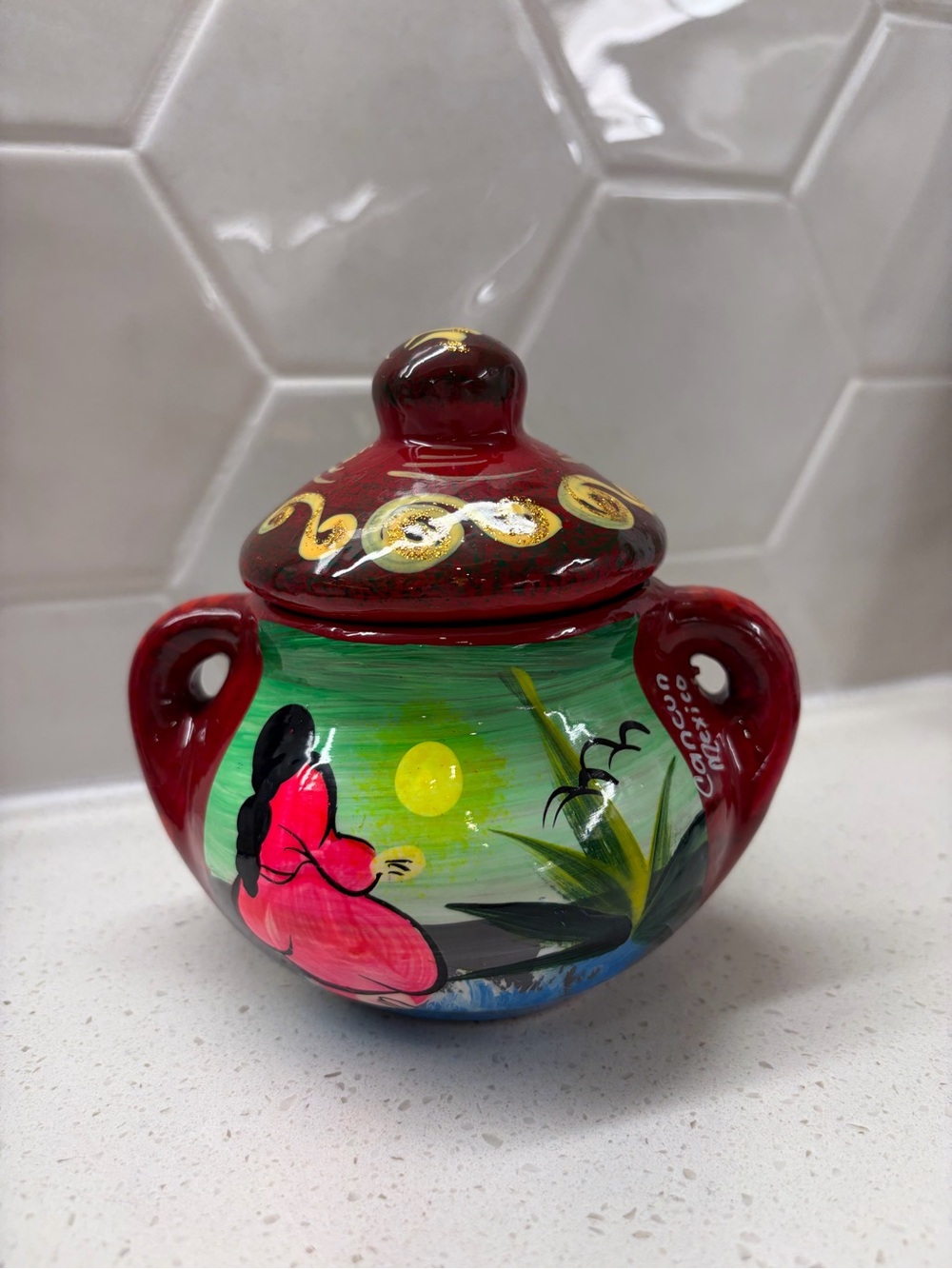 Hand-Painted Red Ceramic Lidded Decorative Jar
